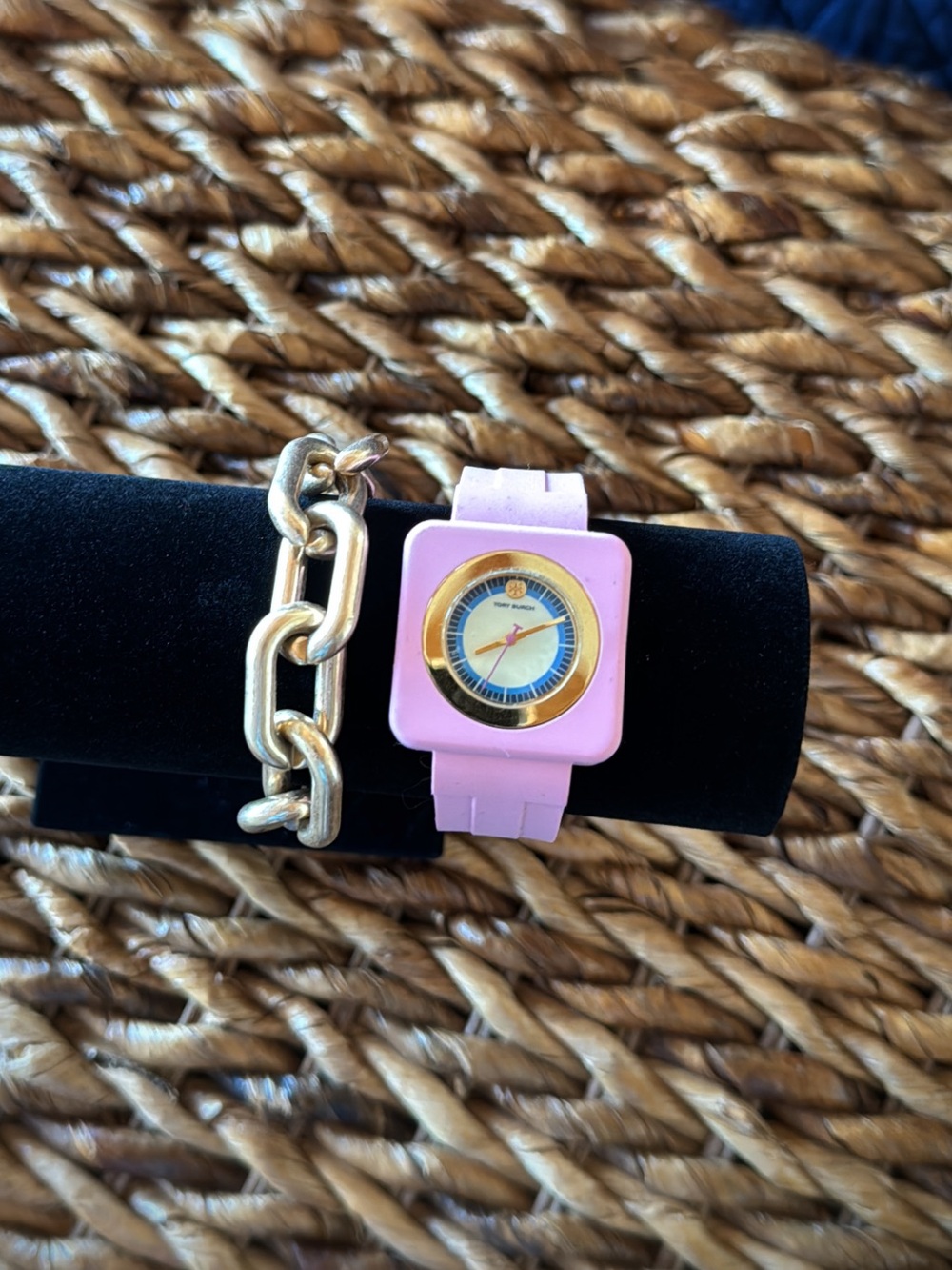 Tory Burch Izzie Watch Pink Silicone Square Watch with Gold Bezel 36 mm - Picture 10 of 15